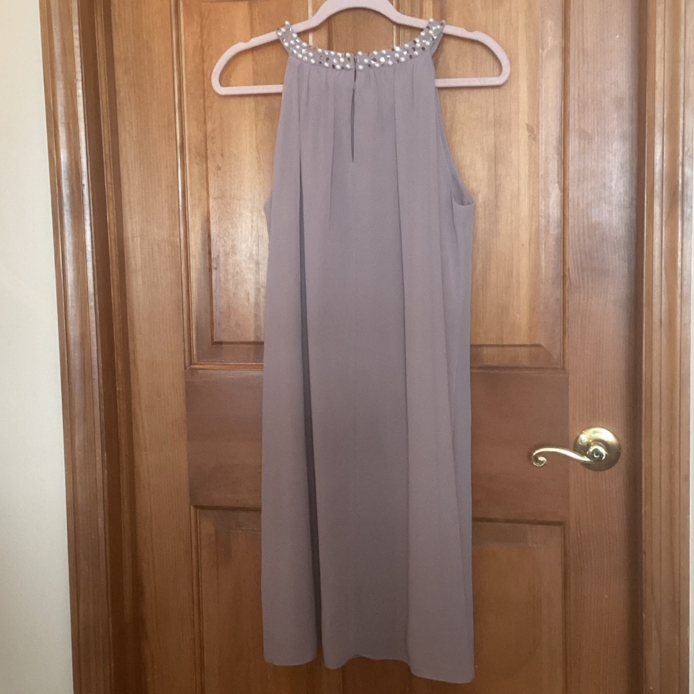 SLNY Taupe Mini Dress with Embellished Neckline - Picture 4 of 5